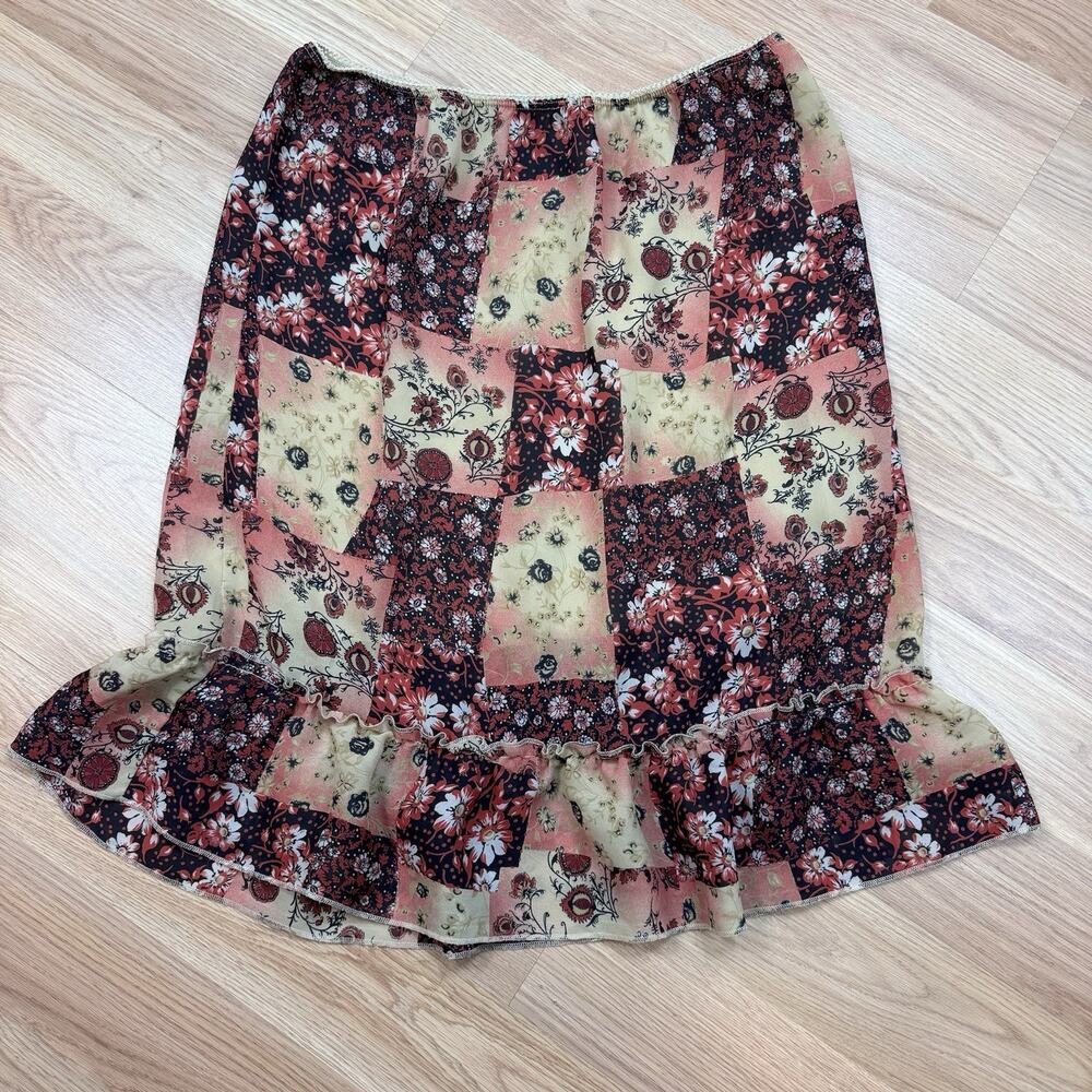 Women’s Juniors Vintage Y2K 2000s Patchwork Ruffle Skirt Large 11/13 Warm Tone